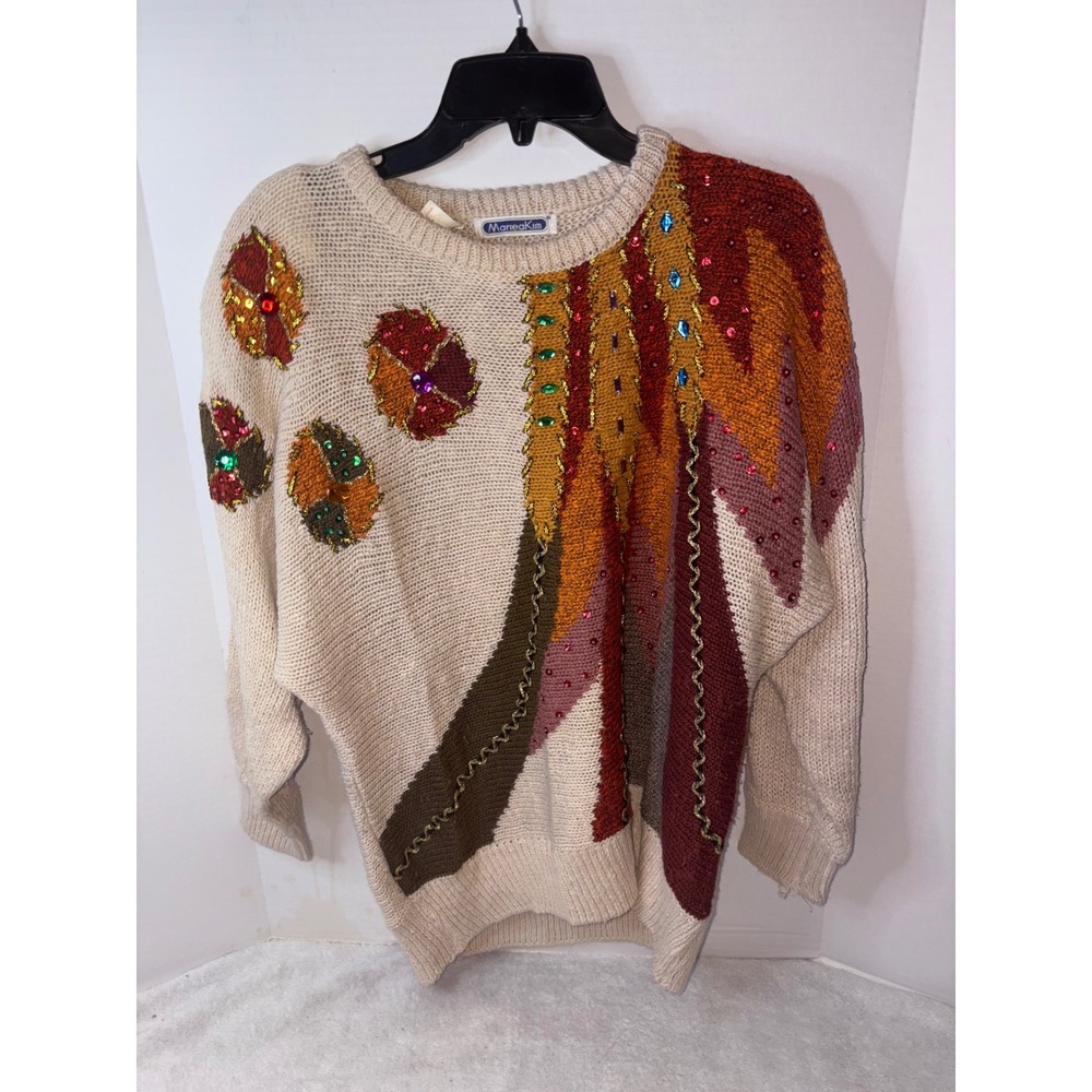 MarieaKim Embellished Knit Sweater‎ Colorful Accents Vintage Style M